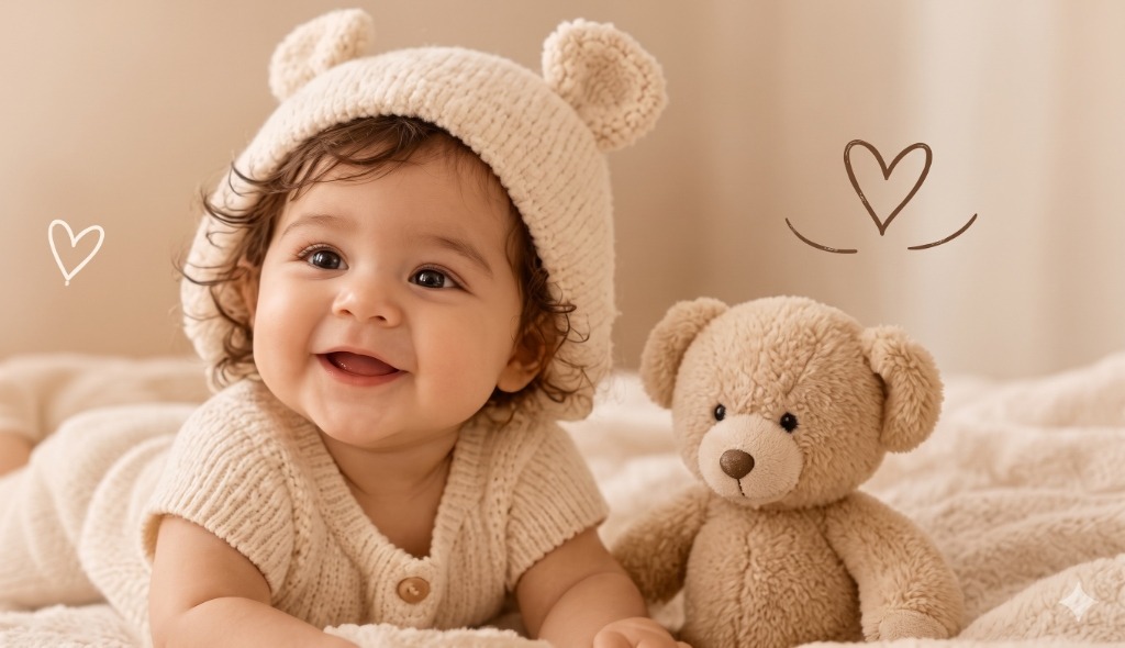 Happy baby in knit hat lying down with teddy bear at Mamas Baby Store